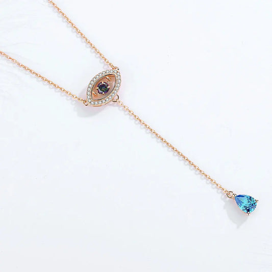 Evil Eye Necklace | 925 Sterling Silver Water Drop Pendant with Blue Zircon | Adjustable Rose Gold Long Chain for Women