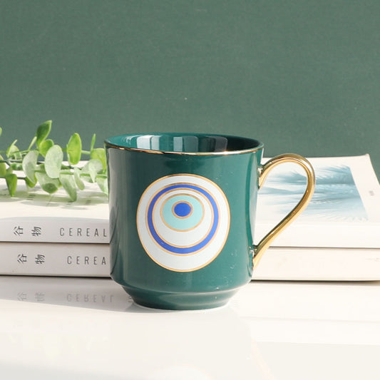 Minimalist Evil Eye Ceramic Mug | Stylish Water Cup with Gold Handle